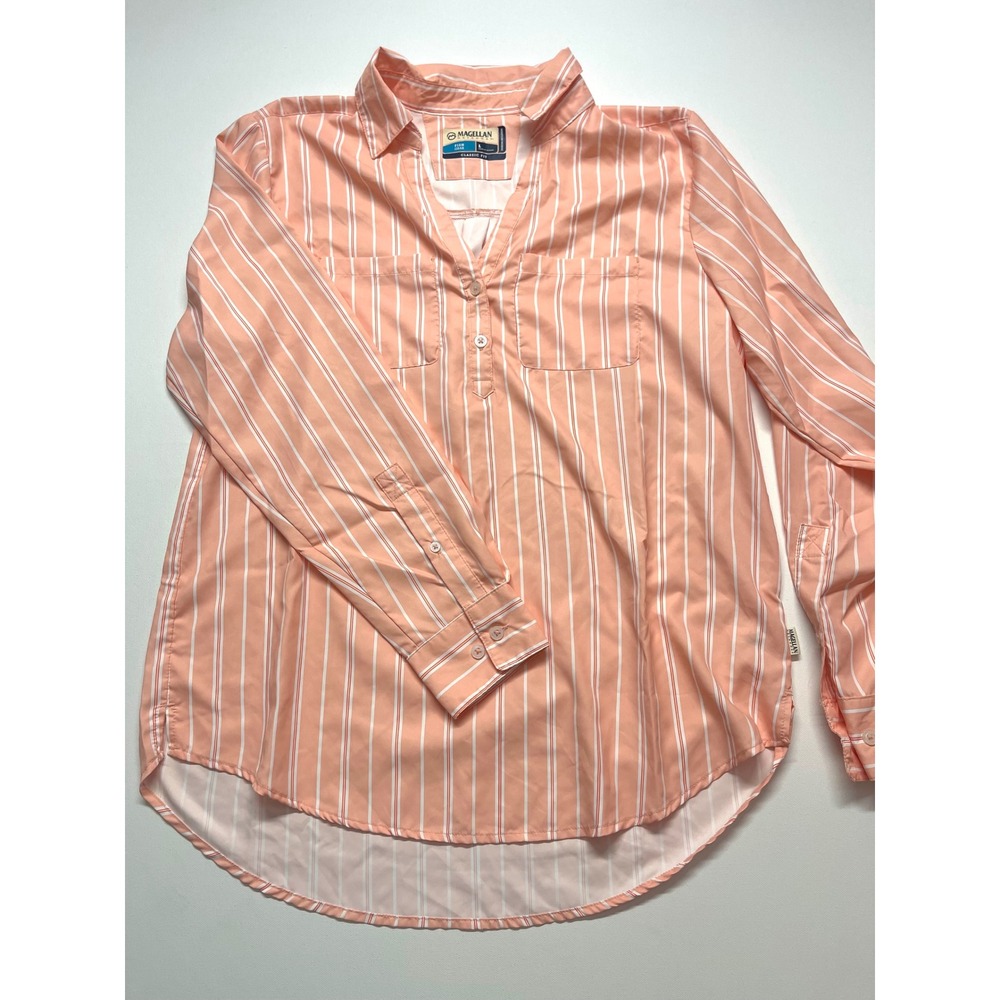 Magellan Outdoors Fish Gear Peach Striped Fishing Shirt Womens Large L 0411